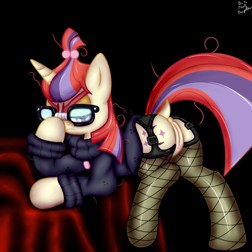 1girls anus ass bed cutie_mark equine eyewear fishnet_stockings friendship_is_magic garter_belt garter_straps glasses hair hooves horn looking_at_viewer mammal moondancer moondancer_(mlp) multicolored_hair my_little_pony nerd paulpeopless pullover purple_eyes pussy simple_background thighhighs unicorn