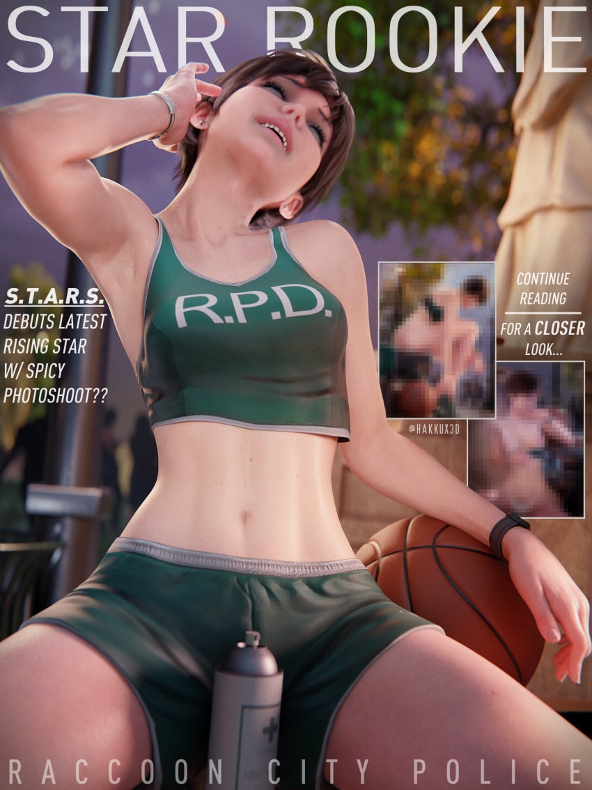 2026 3:4 3d abs absurd_res armpit armpit_fetish armpit_stubble armpits artist_name athletic_female belly_button biohazard blender_(artwork) brown_hair defined_abs depth_of_field eyes_closed female female_focus female_only film_grain fit_female gym_clothes gym_uniform hakkux half_naked magazine_cover outdoors photoshoot posing public raccoon_city rebecca_chambers resident_evil resident_evil_2 resident_evil_2_remake revealing_clothes short_hair shorts sportswear stomach tank_top text toned_female tummy watermark