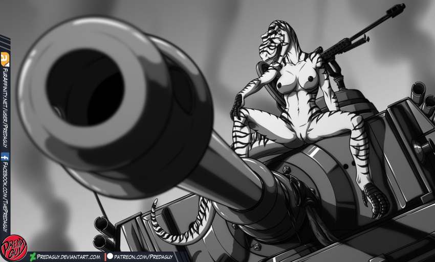 amora_the_t-rex anthro anthrosaur anthrosaurs black_and_white breasts claws depth_of_field digital_media_(artwork) dinosaur dinosaur_girl female gun monochrome non-mammal_breasts predaguy pussy ranged_weapon scalie sitting spread_legs spreading stripes tank tiger_tank vehicle weapon