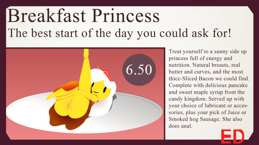 adventure_time animate_inanimate ass bacon breakfast_princess cartoon_network ed_(artist) egg english_text female food menu pussy text yellow_skin