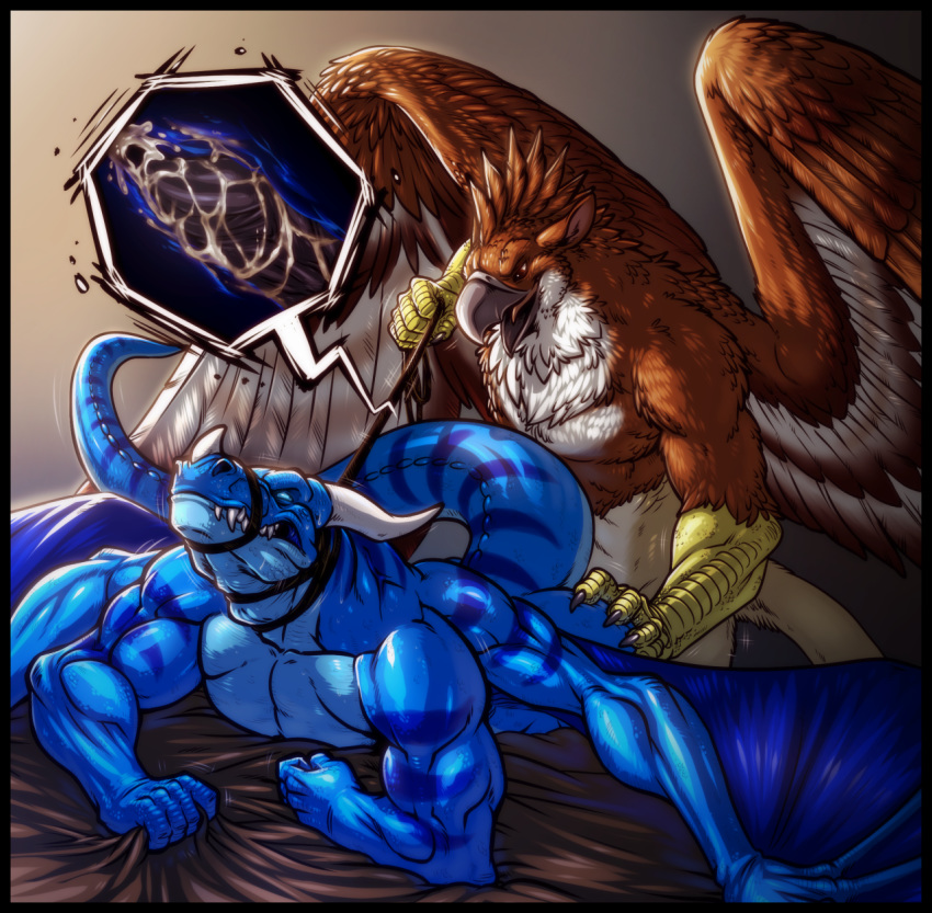 2013 abs anal anal_sex angry_sex anthro anus ass ass_grab avian beak bed bent_over biceps big_muscles blue_body blue_scales blue_skin brown_body brown_eyes brown_feathers chest_tuft claws clenched_teeth close-up closed_eyes color cum cum_in_ass cum_inside dragon duo erection fangs feathers from_behind fur gryphon hand_on_ass horn internal interspecies leash leash_pull looking_back lying male markings muscles neodokuro nude on_front open_mouth orgasm pecs penetration penis reptile scales scalie sex standing stripes tabra talons teeth toned tongue tuft western_dragon white_body wings yaoi