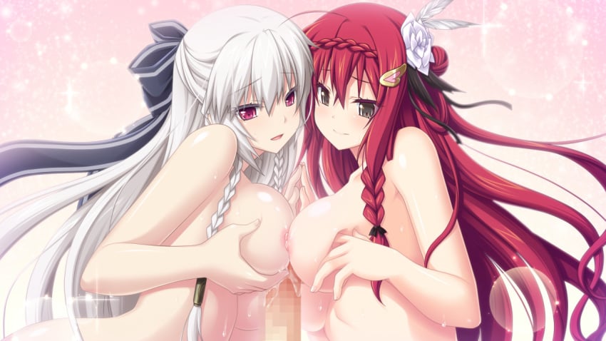 2girls areolae black_eyes blush braid breast_squeeze breasts censored eushully female flower game_cg grey_hair hair_flower hair_ornament highres kami_no_rhapsody large_breasts lavirie_interude long_hair looking_at_viewer male mistoria mitsuki mosaic_censoring multiple_females nipples nude paizuri penis pink_eyes red_hair silver_hair simple_background smile straight sweat tied_hair twin_braids upper_body yakuri