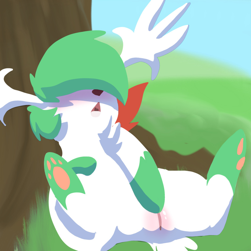 2015 blush female feral fur grass green_fur green_hair hair heat legendary_pokemon mammal masturbation nintendo open_mouth paw_pad pawpads paws pernicious pokemon pokemon_(species) shaymin solo tree video_games vulnerable white_fur