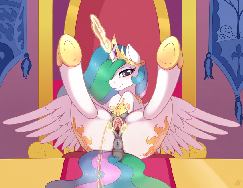 2015 absurd_res alicorn anus ass blush cutie_mark dock equine female feral friendship_is_magic glowing hair hi_res horn legs_up long_hair looking_at_viewer magic mammal multicolored_hair my_little_pony peeing presenting princess_celestia_(mlp) pussy ratofdrawn smile solo spread_legs spread_pussy spreading teats urine watersports wings