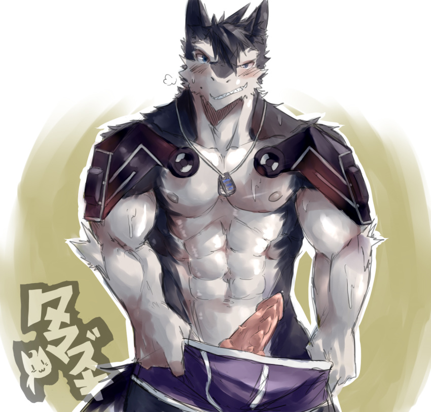 1boy abs anthro armor biceps big_muscles black_fur black_hair blue_eyes clothed clothing discordnight fur hair half-dressed looking_at_viewer male male_only muscles sergal simple_background solo tamazukiakiyama teeth toned topless underwear white_fur