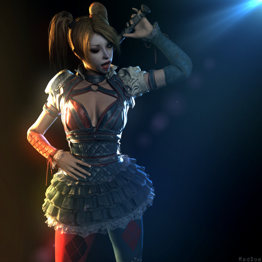 1girls 3d armband baseball_bat batman:_arkham_knight batman_(series) blonde_hair blue_eyes cleavage corset dc dc_comics female female_only harley_quinn harley_quinn_(arkham) harley_quinn_(arkham_knight) makeup open_mouth reddoe skirt solo source_filmmaker standing tied_hair tongue tongue_out twintails