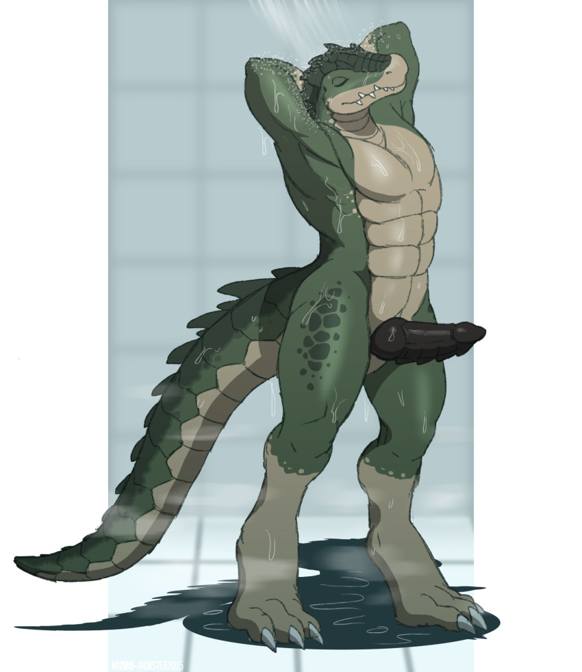 2015 alligator arms_behind_back crocodile erection full-length_portrait full_length lizard male_only nazuu-m0nster penis portrait scalie shower solo standing