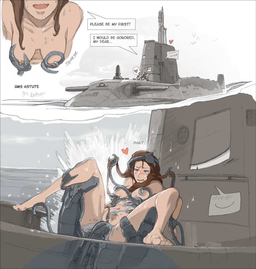 1girls breast_grab breasts brown_hair dialog english_text female funny hair heart human inanimate living_machine mammal nipple_pinch nude penetration pubic_hair pussy_juice ratbat robot sex solo_focus spread_legs spreading submarine tentacle text vaginal_penetration vehicle water wet