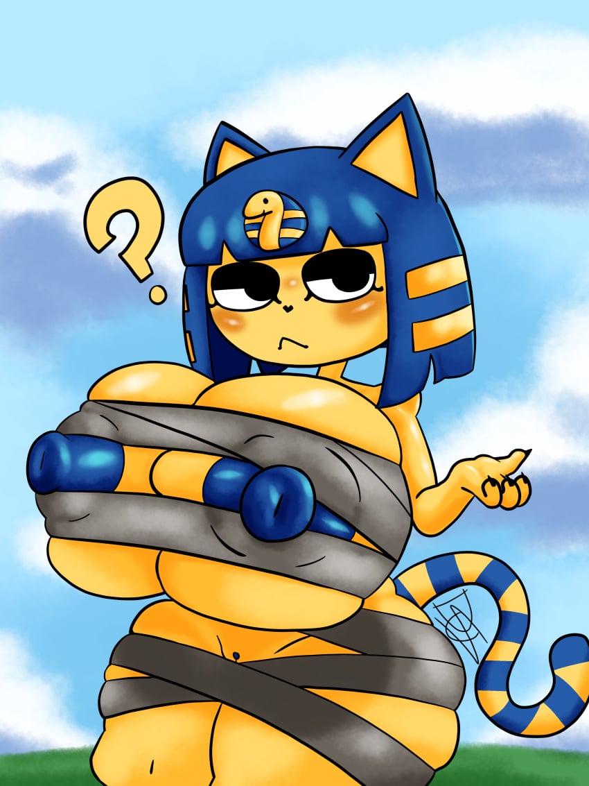 animal_crossing ankha ankha_(animal_crossing) big_areola big_ass big_breasts big_nipples black_eyes black_nose blue_hair blue_markings blue_nipples color detailed_background digital_drawing_(artwork) digital_media_(artwork) dus female_focus female_only huge_ass huge_breasts looking_at_viewer nintendo nipple_bulge nipple_outline nipple_slip nipples nipples_visible_through_clothing partially_clothed solo solo_female solo_focus tail tail_markings yellow_body yellow_fur