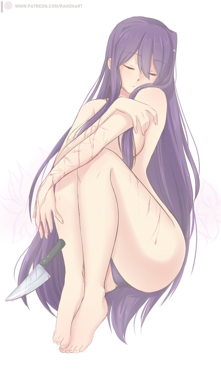 almost_naked artist_name artist_website blood blush blush_lines closed_eyes covered_nipples covering doki_doki_literature_club dried_blood feet fetal_position floating floating_in_air hair_clip hair_ornament huge_ass knife long_hair long_purple_hair mostly_nude no_background no_clothes panties panties_only patreon patreon_username purple_hair raionart scar scarred scarred_body self_harm_scars simple_background small_breasts solo thick_thighs toes underwear underwear_only very_long_hair white_background wide_hips yuri_(doki_doki_literature_club)