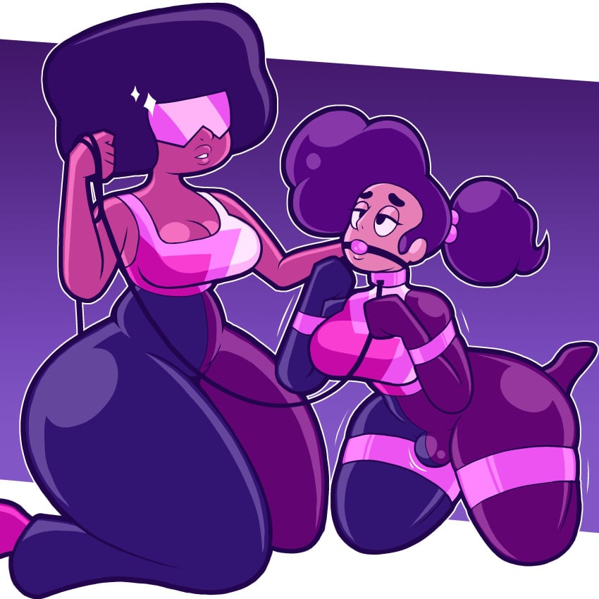 ball_gag black_eyes black_hair bondage buldge cleavage garnet_(steven_universe) leash singlesalt stevonnie visor