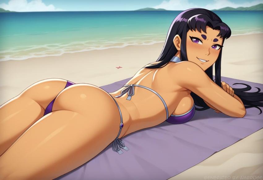 1girls ai_generated beach bikini black_hair blackfire blush bubble_butt hourglass_figure komand&#039;r laying_down long_hair looking_back medium_breasts presenting purple_eyes stable_diffusion sunbathing tamaranean teen_titans thigh_gap