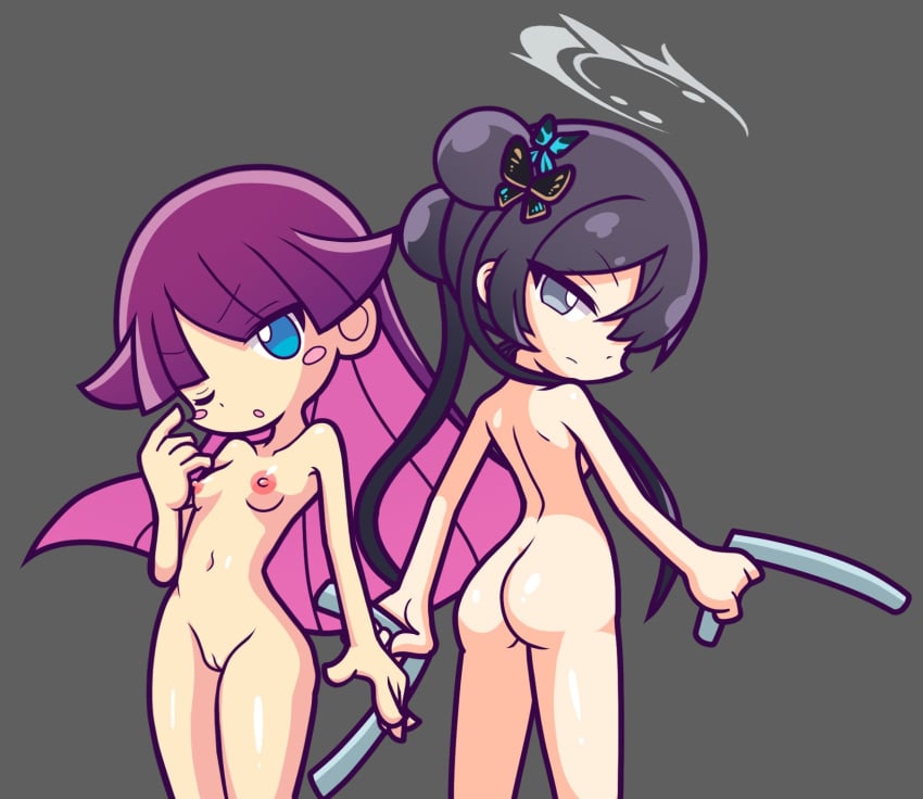 2024 2girls alternate_version_at_source alternate_version_available ass black_hair blue_archive blue_eyes breasts completely_nude completely_nude_female crossover feli_(puyo_puyo) female female_only furii_(artist) grey_background grey_eyes kisaki_(blue_archive) light-skinned_female light_skin long_hair navel nipples nude nude_female pink_nipples purple_hair pussy puyo_puyo puyo_puyo_artstyle sega small_breasts