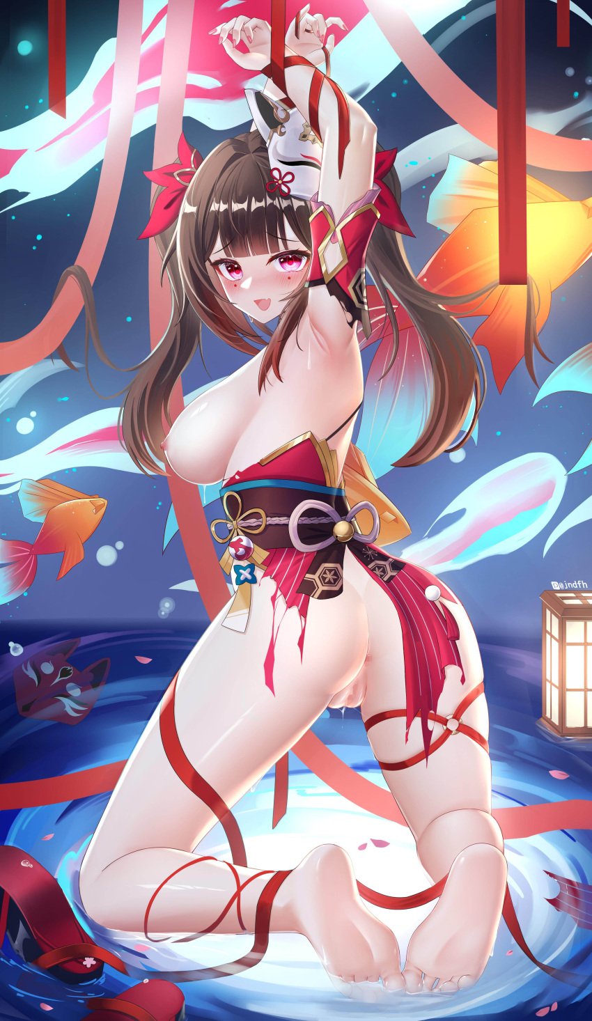 :d ;p absurdres anus armpits barefoot black_sash blush bound bound_arms breasts brown_hair censored dress female fox_mask highres honkai:_star_rail honkai_(series) jndfh koi looking_at_viewer mark_under_both_eyes mask mask_on_head mosaic_censoring nipples oerba_yun_fang one_eye_closed pussy pussy_juice red_dress red_ribbon ribbon sash shoes skin_fang smile soles solo sparkle_(honkai:_star_rail) thighs toes tongue tongue_out twintails unworn_shoes