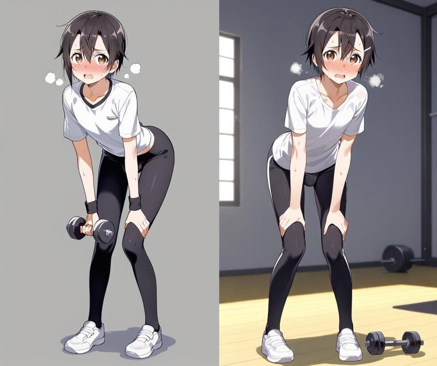 ai_generated black_hair blush cute dumbbell embarrassed embarrassed_male femboy kirigaya_kazuto kirito kirito_(sao-ggo) looking_at_viewer male_only petite petite_body petite_femboy petite_male pretty_boy short_hair shy small_bulge standing sword_art_online tights trap weak weightlifting white_shirt zoner_check