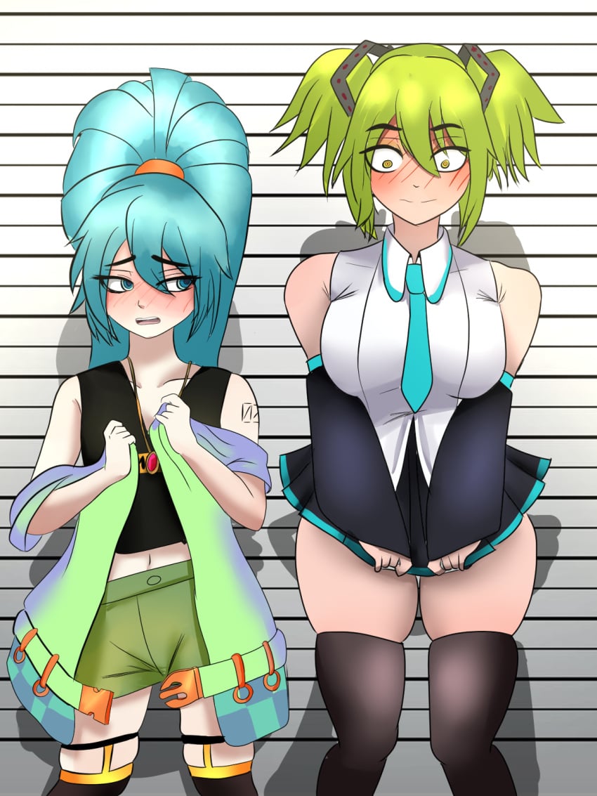 2girls arm_sleeves blue_hair brown_eyes colombian cosplay female female_focus fingerless_arm_sleeves fingerless_gloves fishnet_stockings fishnets flat_chest freckles green_hair green_nails hatsune_miku hatsune_miku_(cosplay) hispanic hispanic_virtual_youtuber indie_virtual_youtuber latam_virtual_youtuber light-skinned_female light_skin long_hair long_pigtails ponytail ryumivt short_hair small_breasts stockings thick_thighs thighs twintails twitch twitch.tv virtual_youtuber vocaloid vtuber yellow_eyes youtube youtube_hispanic