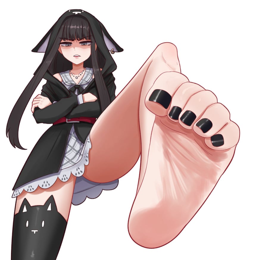 1girls ass barefoot black_hair black_toenails disgusted fake_animal_ears feet feet_towards_viewer female female_only flat_chest foot_fetish foot_focus hoodie lace lace_dress long_hair one_foot_raised one_leg_up one_sock pinched_toes sero4308 shaded_face socks_removed soles thighs toe_curl toe_scrunch toenail_polish unhappy_female white_background wrinkled_feet wrinkled_soles