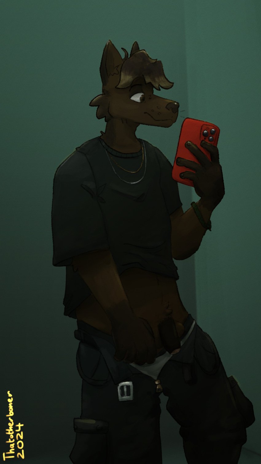 2024 9:16 absurd_res anthro artist_name average_penis balls belly belt black_bottomwear black_clothing black_pants black_shirt black_topwear blonde_highlights bottomwear boxers_(clothing) bracelet brown_body brown_eyes brown_fur brown_nose brown_penis canid canine canis cargo_pants casual_nudity cellphone chain_necklace chains cheek_tuft clothed clothing clothing_lift colored darkened_genitalia darkened_penis digital_drawing_(artwork) digital_media_(artwork) domestic_dog electronics facial_tuft flaccid foreskin fur genitals gold_(metal) gold_chain green_bracelet grey_boxers grey_clothing grey_underwear hi_res highlights_(coloring) humanoid_genitalia humanoid_hands humanoid_penis jewelry looking_away male mammal mirror_selfie necklace open_bottomwear open_clothing open_pants pants penis phone pink_penis pointy_ears presenting presenting_penis pubes raised_clothing raised_shirt raised_topwear selfie shaded shirt shirt_lift shirt_up signature silver_chain smartphone solo thatotherboner topwear tuft underwear watermark