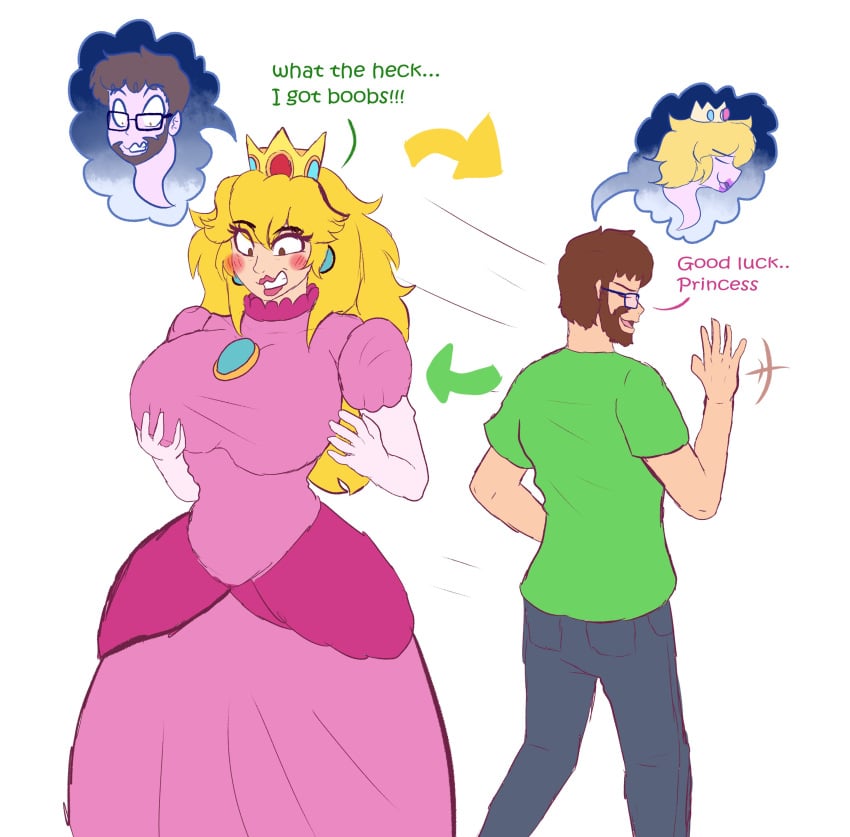 big_ass big_breasts big_butt blonde_hair blue_eyes body_swap body_switch bodyswap brown_hair bubble_butt busty confusion crown curvy curvy_figure dress earrings embarrassed fondling_breast glasses gloves korick17 male/female male_to_female mario_(series) mtf_crossgender mtf_transformation oc princess_peach touching_breast