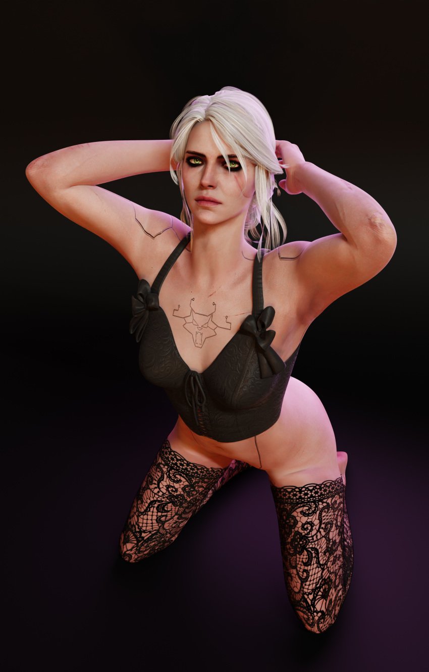 1girls 3d armpits black_topwear bottomless ciri female female_focus female_only geone1 scar strategically_covered tattoo the_witcher_(series) the_witcher_3:_wild_hunt