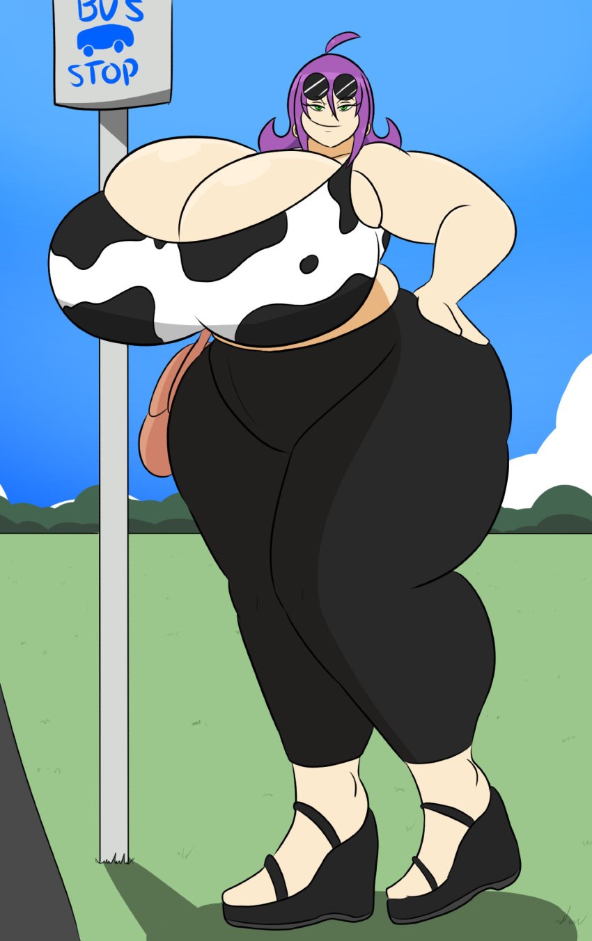 bus_stop chubby cleavage cow_print cow_print_bra female green_eyes high_heels huge_breasts igphhangout leggings purple_hair shelly_(igphhangout) solo tagme