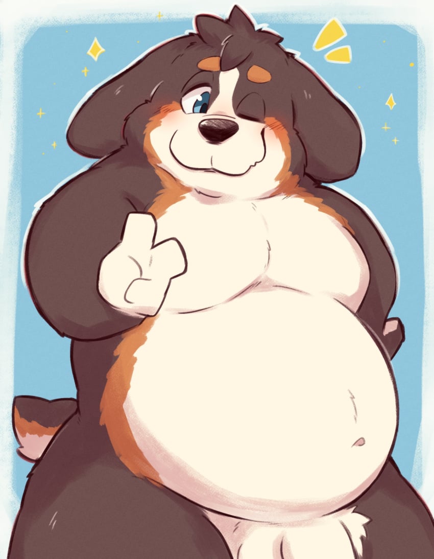 2024 absurd_res anthro balls belly bernese_mountain_dog blush brown_body canid canine canis domestic_dog genitals hi_res kemono male male_focus mammal molosser mountain_dog naru_papi navel one_eye_closed overweight overweight_male penis solo swiss_mountain_dog white_body wink