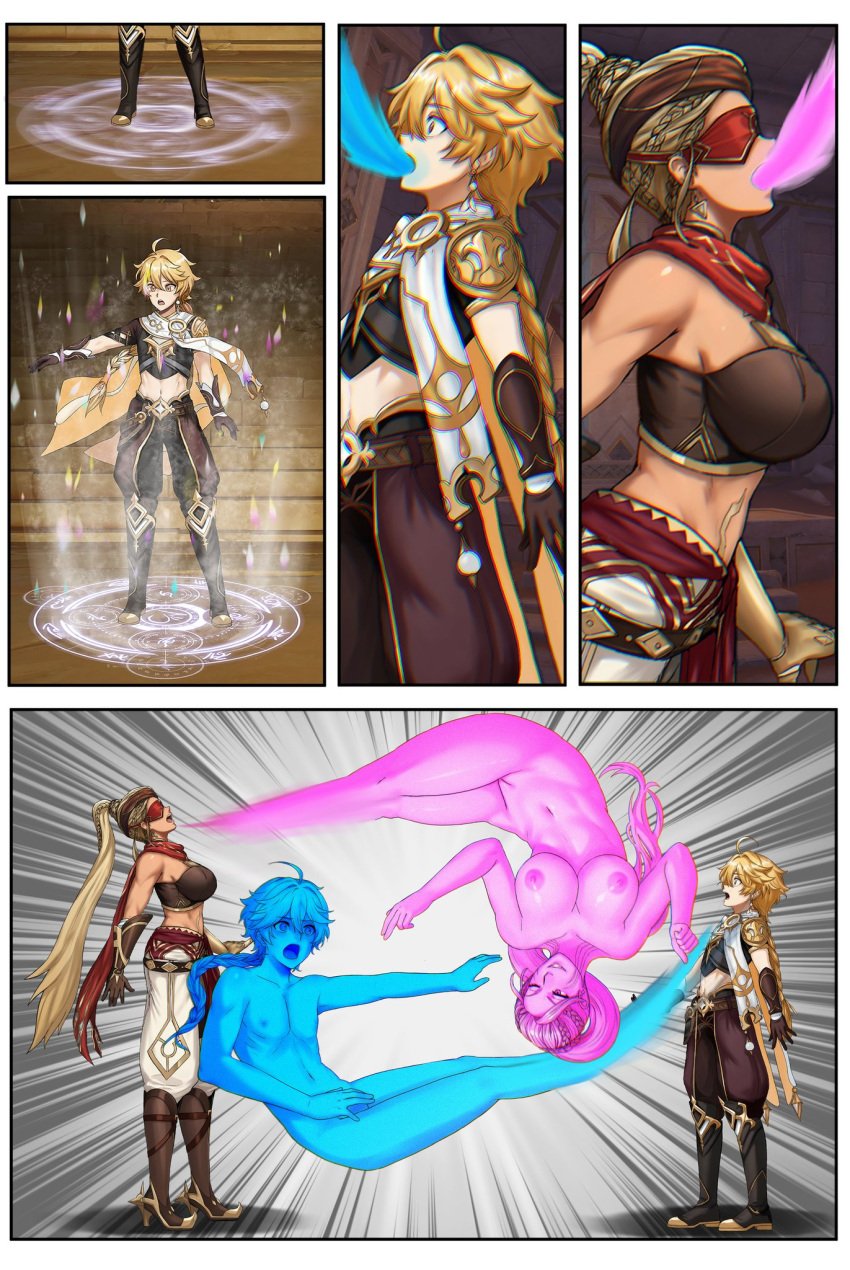 aether_(genshin_impact) big_breasts blindfold blindfolded blonde_hair body_swap body_switch bodyswap busty cleavage eremite_(genshin_impact) eremite_galehunter_(genshin_impact) genderswap_(ftm) genderswap_(mtf) genshin_impact magic male/female rule_63 soul traveler