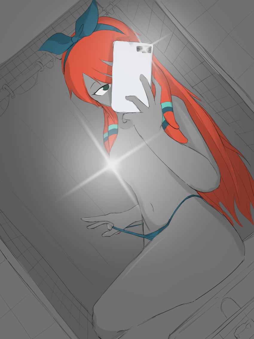 bathroom bow confusedsabron inazuma_eleven inazuma_eleven_(series) inazuma_eleven_go mirror_selfie orange_hair panties_pull selfie seto_midori sketch thong_pull