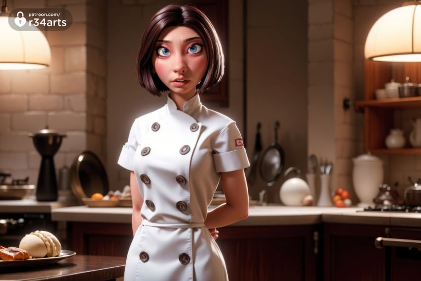 1girls ai_generated arm_behind_back arms_behind_back blue_eyes blurry bob_cut breasts brown_hair buttons chef colette_tatou disney double-breasted food frying_pan hi_res indoors kitchen lips looking_at_viewer parted_lips pixar plate r34arts ratatouille short_hair short_sleeves solo