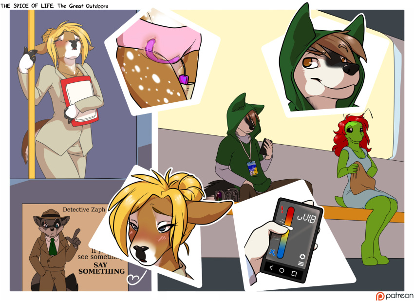 2016 ambiguous_penetration ambiguous_species anthro armpits blonde_hair blue_eyes blush border brown_eyes camera canine cervine closed_eyes clothed_masturbation clothing comic deer english_text female fur green_skin group hair hat hi_res houkuko kryn male mammal masturbation multiple_images panties penetration phone public_masturbation raccoon red_hair remote_controlled_vibrator rix scar sex_toy sitting smile standing text train vibrator white_border wolf