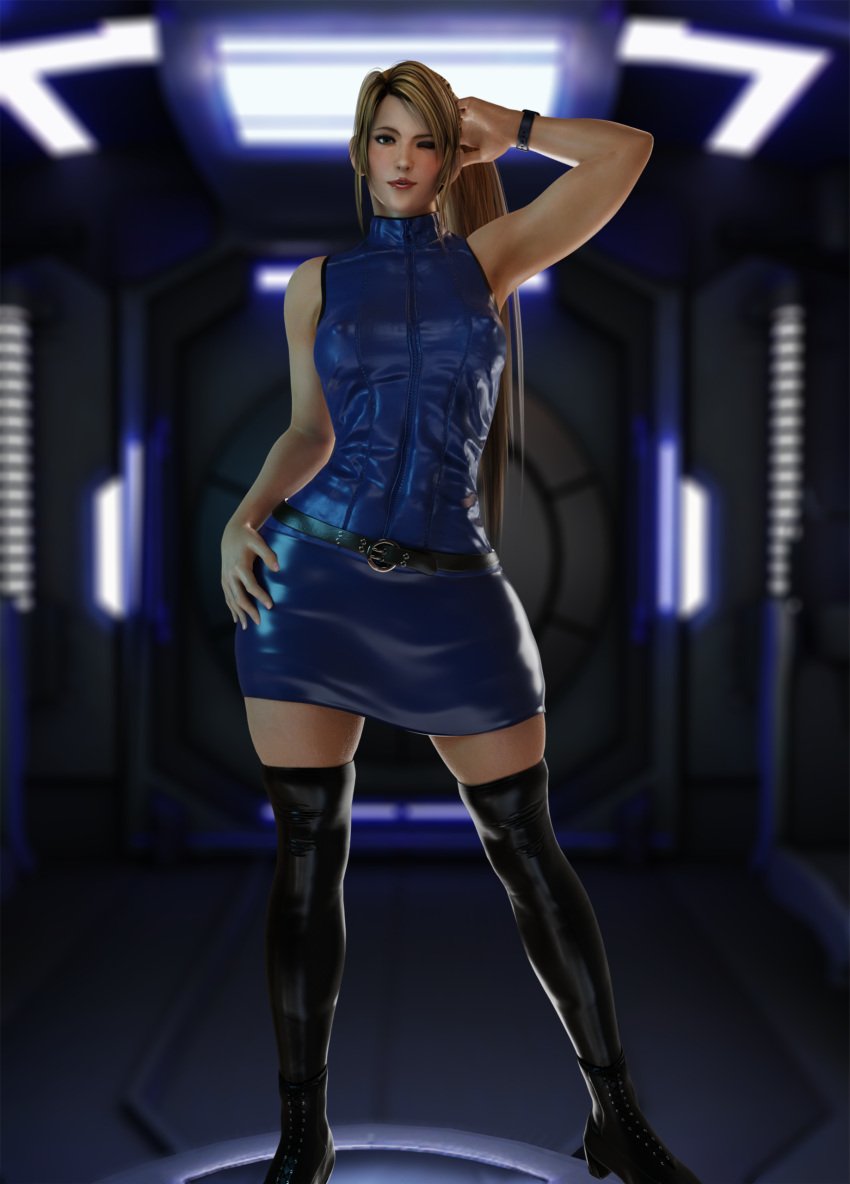 1girls 3d black_shoes blue_dress clothed clothed_female dress female female_focus female_only front_view geone1 hand_behind_head light-skinned_female light_skin nipples_visible_through_clothing pose posing sarah_bryant virtua_fighter wink winking_at_viewer