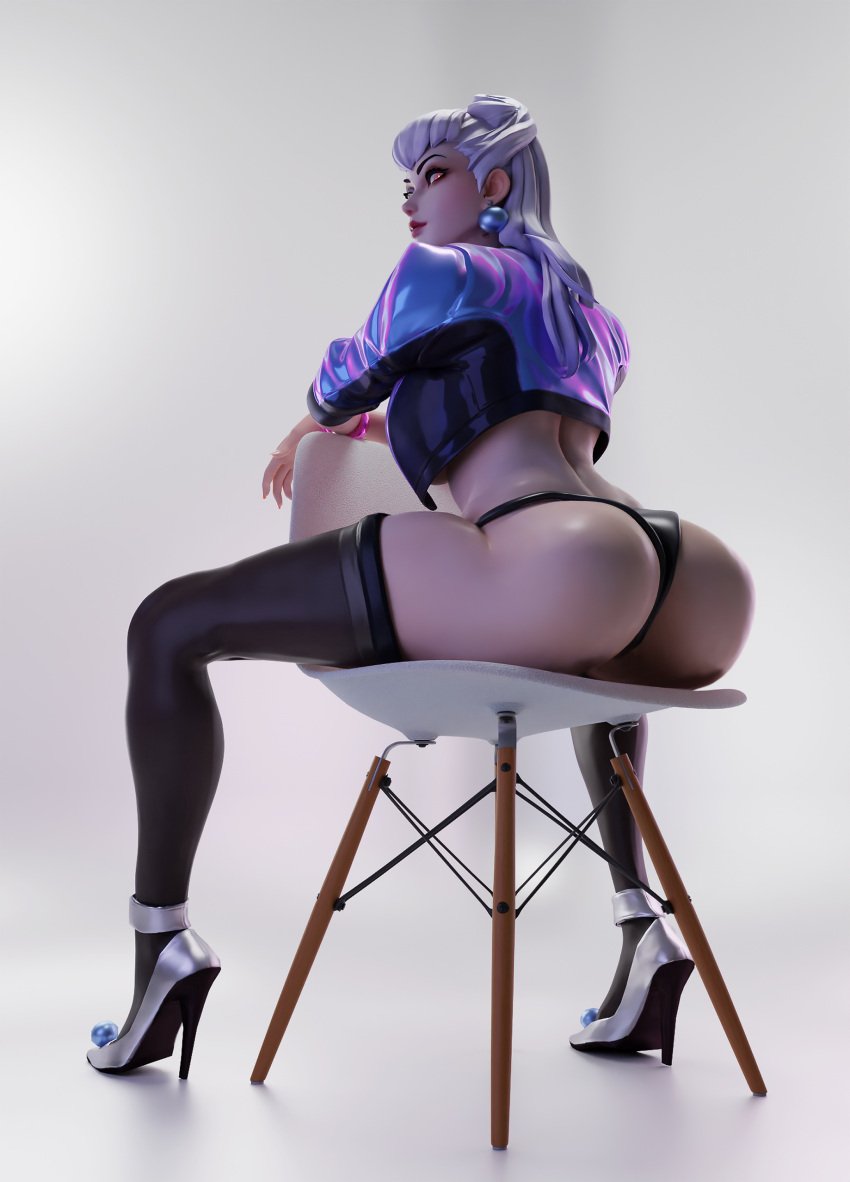 1girls 3d ass ass_cheeks ass_focus black_panties chair_position evelynn female female_focus female_only from_below from_below_view geone1 high_heels k/da_all_out_evelynn k/da_all_out_series league_of_legends low-angle_view panties reverse_chair_position riot_games stockings