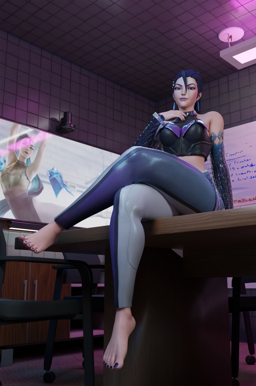 1girls 3d barefoot clothed clothed_female crossed_legs feet feet_fetish feet_focus female female_focus female_only foot_fetish from_below from_below_view geone1 k/da_series kai'sa league_of_legends light-skinned_female looking_at_viewer low-angle_view table toes