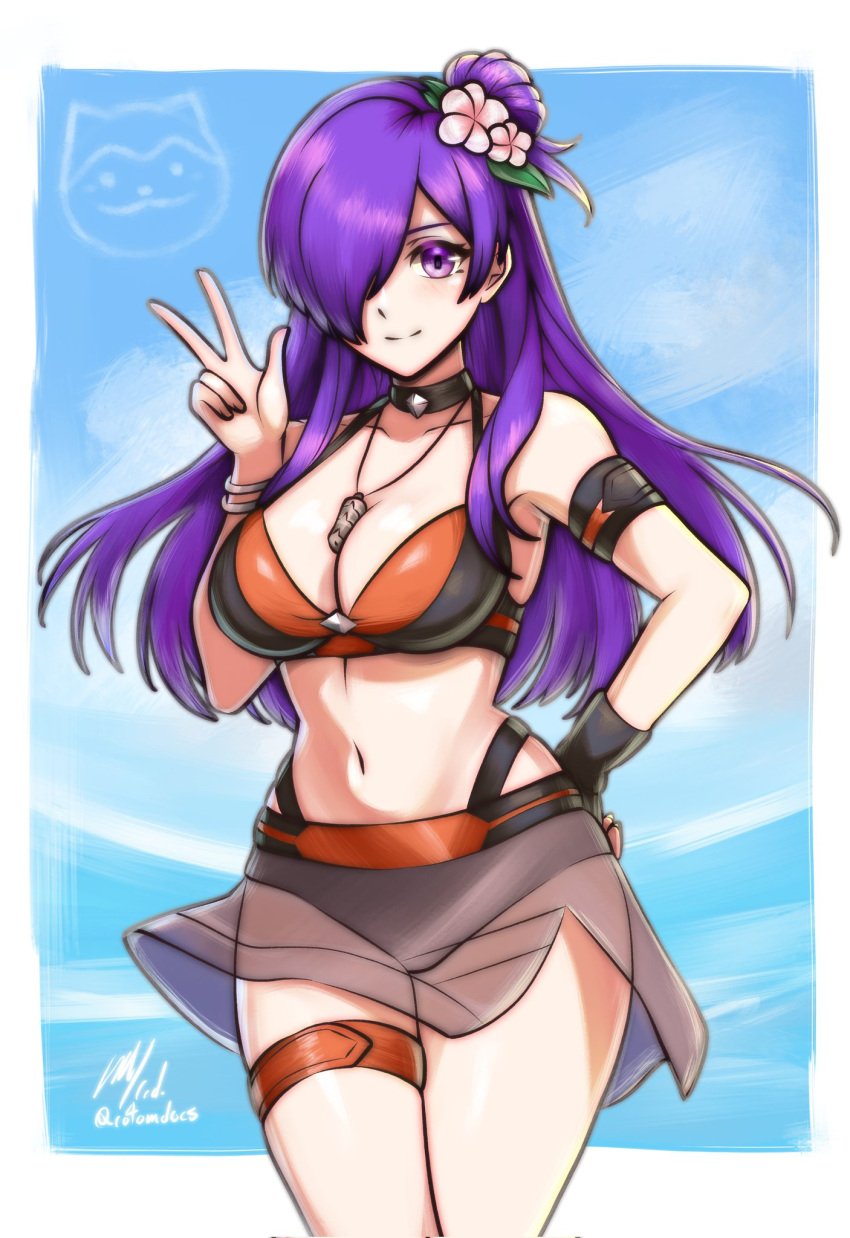 1girls bikini black_bikini breasts choker cleavage fire_emblem fire_emblem:_three_houses fire_emblem_engage fire_emblem_heroes fire_emblem_warriors:_three_hopes flower hair_flower hair_ornament hair_over_one_eye halterneck hand_on_own_hip highres large_breasts looking_at_viewer navel nintendo purple_eyes purple_hair rotomdocs see-through_clothes see-through_skirt shez_(female)_(fire_emblem) shez_(female)_(summer)_(fire_emblem) shez_(fire_emblem) skirt smile solo sommie_(fire_emblem) swimsuit thigh_strap v