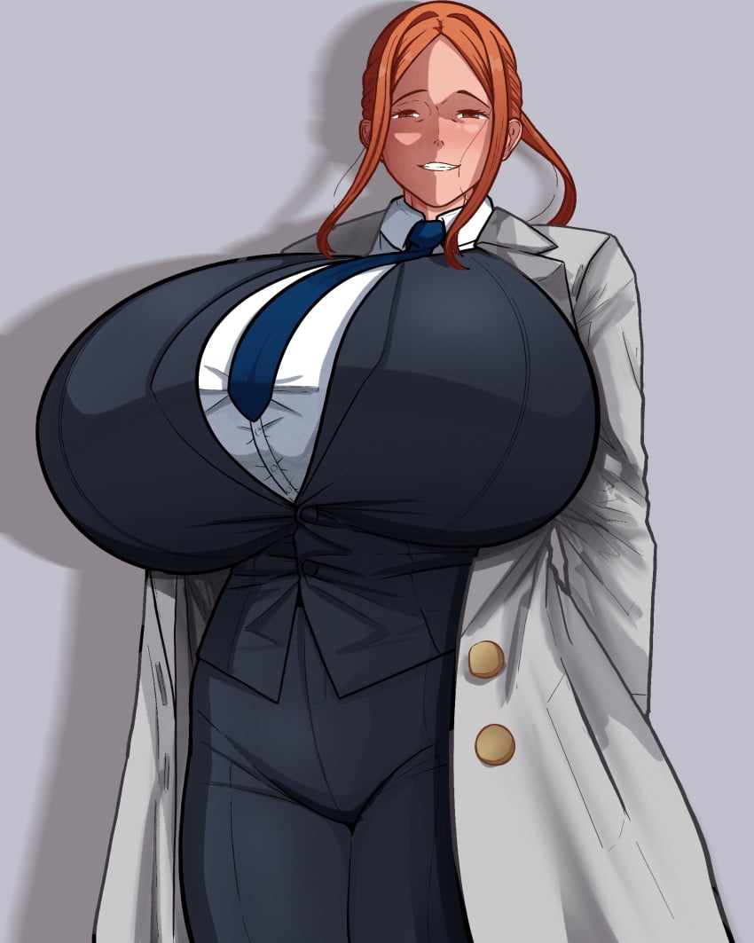 1female 1girls big_breasts breasts female female_focus female_only huge_breasts large_breasts large_tits massive_breasts massive_tits omuko red_hair smile suit_and_tie tagme