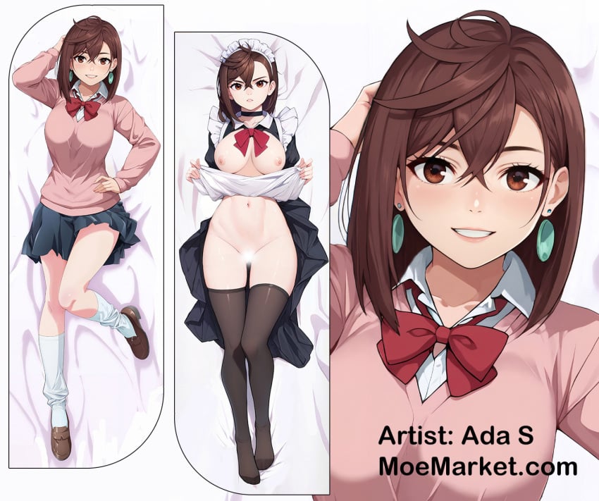 ai_generated ayase_momo bow breasts brown_eyes brown_hair dakimakura_(medium) dandadan earrings female highres jewelry large_breasts looking_at_viewer pleated_skirt red_bow skirt solo sweater