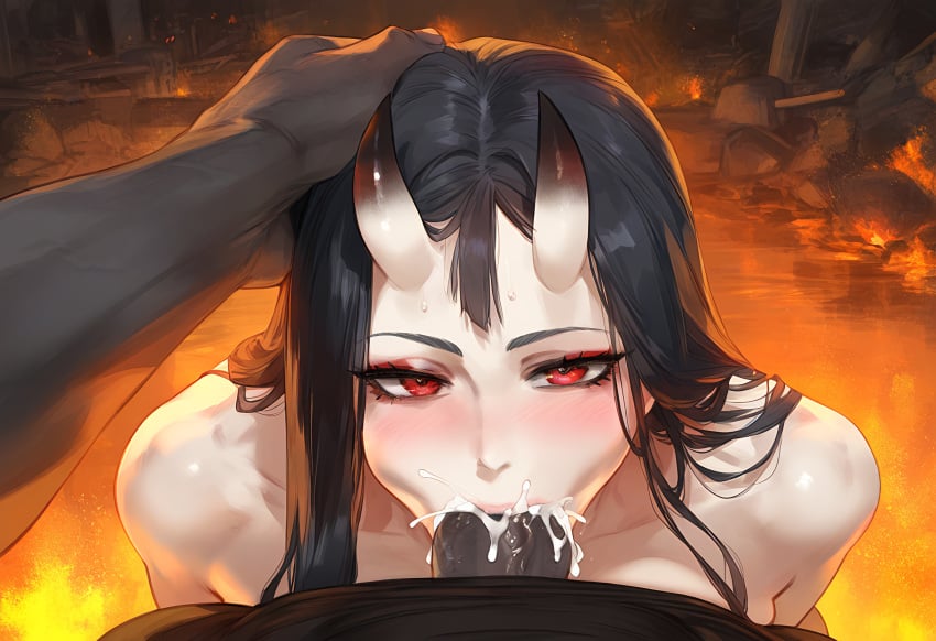 1boy 1girls abyssal_ship ai_generated battleship_princess black_hair blowjob blush burning burning_building cum cum_in_mouth cute_face dark-skinned_male dark_hair destroyed_building destructive_sex fellatio female fire hand_on_head horns interracial kantai_collection lewdqueen long_hair looking_at_viewer male male_pov pale-skinned_female pale_skin pov pov_eye_contact red_eyes straight straight_hair tagme white-skinned_female