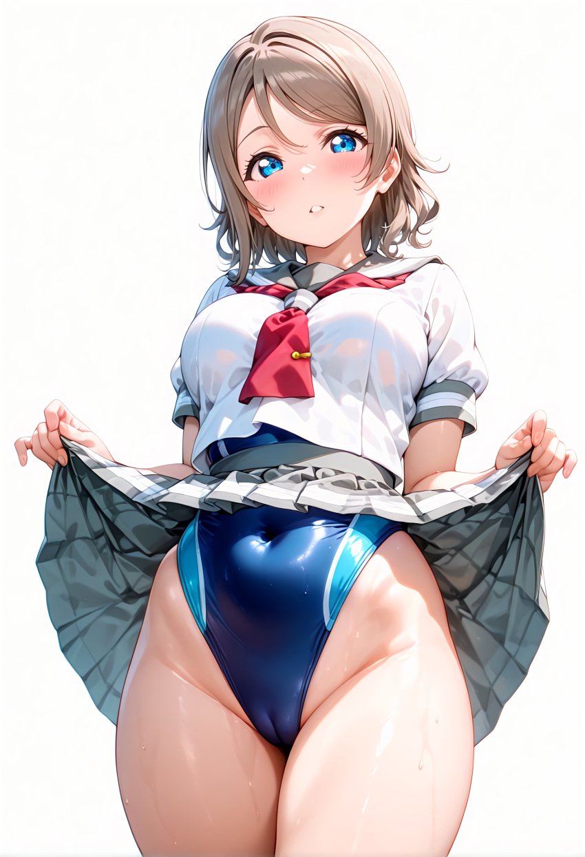 ai_generated blue_eyes brown_hair cameltoe covered_navel love_live! love_live!_sunshine!! navel school_uniform serafuku short_hair skirt skirt_lift stoamch swimsuit swimsuit_under_clothes swimwear watanabe_you wavy_hair