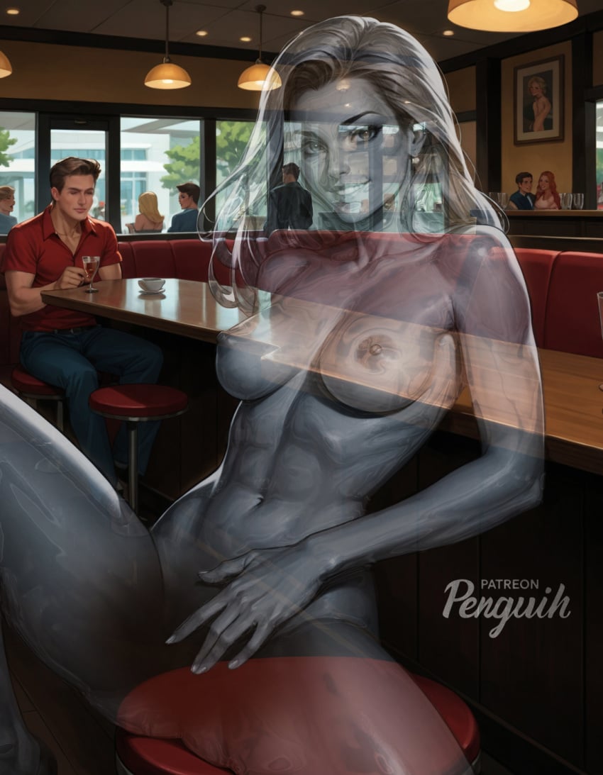 1girls abs ai_generated blonde_hair bodysuit breasts cafe fantastic_four female female_only grey_skin invisible invisible_woman long_hair looking_at_viewer marvel marvel_comics masturbation naked nipples patreon penguih public public_masturbation public_nudity pussy restaurant see-through smiling spread_legs sue_storm touching_pussy touching_self transparent transparent_body