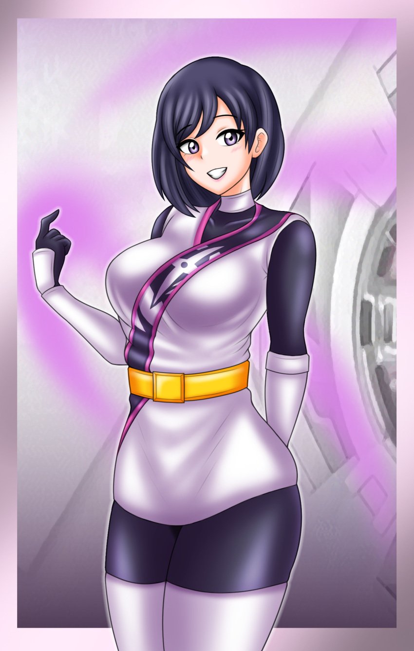 1girls alluring belt black_hair bodysuit igasaki_fuuka lavender_eyes medium_breasts no_helmet pin_up short_hair shuriken_sentai_ninninger super_sentai treezero