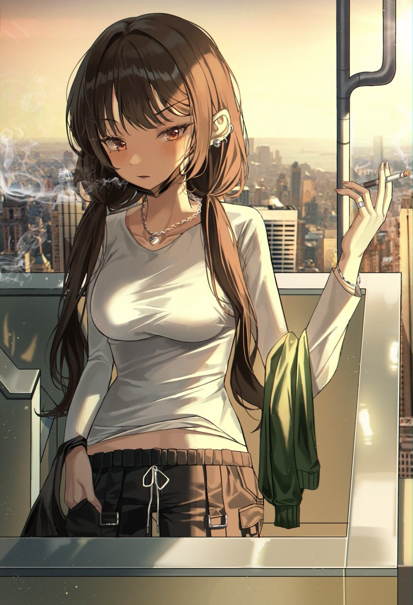 1girls brown_eyes brown_hair busty casual cigarette earrings hand_in_pocket holding_cigarette jyuha large_breasts long_sleeves looking_at_viewer necklace open_mouth outside ring smoke smoking smoking_cigarette solo solo_female twintails white_clothing