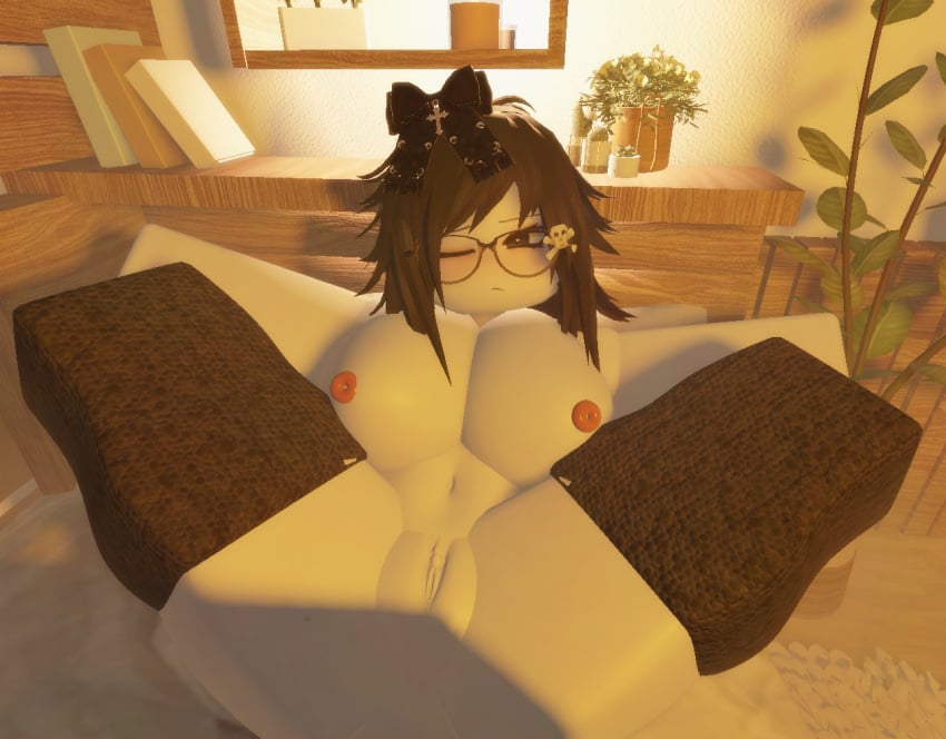 1girls 3d bed bedroom big_breasts black_hair bow glasses horny legs_apart legs_up naked naked_female on_bed roblox roblox_avatar roblox_studio robloxian stockings tagme urmika wet white_body white_skin