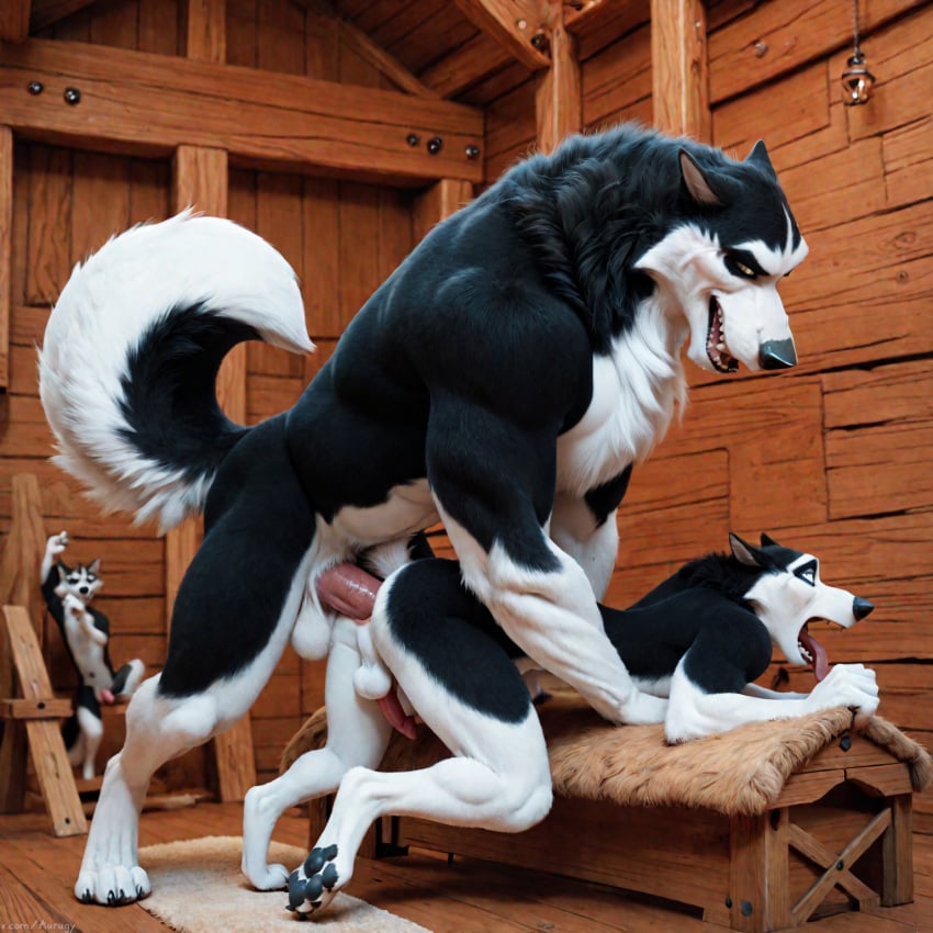 ai_generated alaskan_malamute anal anal_sex anthro anthro_on_anthro anus arm_support aurugy barn big_penis canid canine canis detailed doggy_style domestic_dog dominant dominant_male duo erection fluffy fluffy_tail from_behind_position furry genitals hi_res humanoid_genitalia inside leaning_on_elbow looking_at_another looking_pleasured male male/male mammal muscular muscular_male nordic_sled_dog open_mouth pawpads penetration penis photorealism photorealistic realistic sex size_difference spitz steele_(balto) waiting