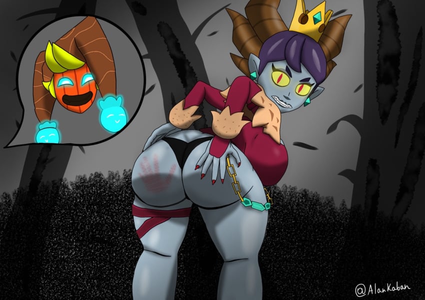 alankaban anonymous_artist ass big_ass black_panties brawl_stars chester_(brawl_stars) earrings horns looking_back malicious_mandy_(brawl_stars) mandy_(brawl_stars) monster_girl panties pointy_ears red_eyes red_nails spank_marks spanked