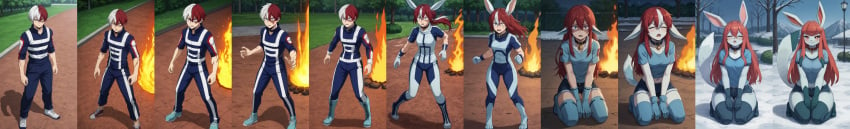 ai_generated amelieai ass_expansion breast_expansion female female_todoroki glaceon hair_color_change hair_growth human_to_pokemon large_ass large_breasts lip_expansion lips my_hero_academia pokemon pokemon_(species) thick_thighs thigh_expansion todoroki_shouto transformation transformation_sequence wide_hips