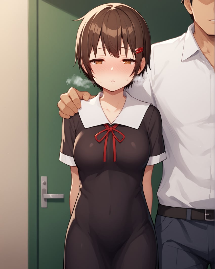 1boy 1boy1girl 1girls ai_generated blush breasts brown_eyes brown_hair female hairclip hand_on_another's_shoulder hands_behind_back heavy_breathing imminent_sex kaguya-sama_wa_kokurasetai_~tensai-tachi_no_renai_zunousen~ kashiwagi_nagisa looking_at_viewer notreallyhere parted_lips ribbon school_uniform short_hair shuuchiin_academy_school_uniform shuuchiin_academy_uniform size_difference sweat