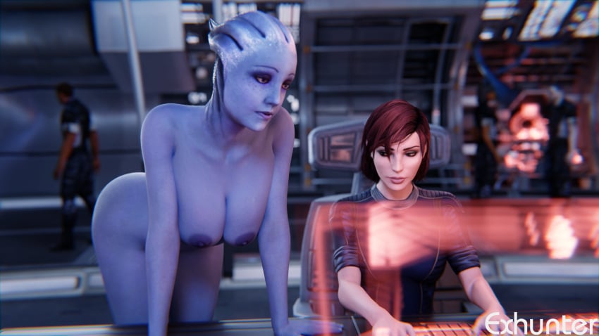 3d 3d_(artwork) alien asari big_breasts blue_skin breasts breasts_out casual_exposure casual_nudity commander_shepard exhibitionism exhunter female female_focus femshep hanging_breasts liara_t'soni mass_effect naked_female nude nude_female nudist public public_nudity watermark