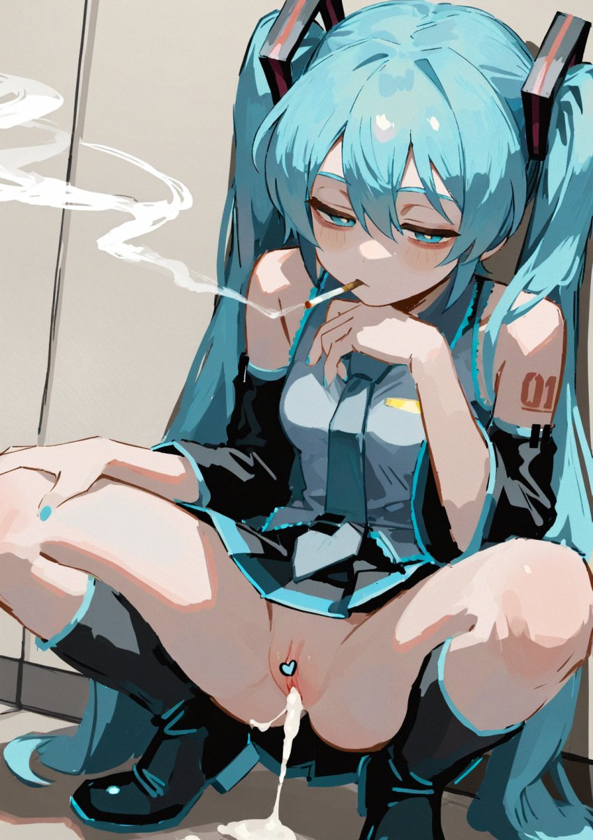 1girls ai_generated blue_eyes blue_hair boots censored censored_clitoris cigarette cigarette_in_mouth cum cum_drip cum_dripping cum_dripping_out_of_pussy cum_in_pussy cum_inside cyan_hair fire-inc hand_on_chin hatsune_miku long_hair looking_away miniskirt pussy smoke smoking smoking_cigarette solo solo_female squatting thighs tie twintails white_skin