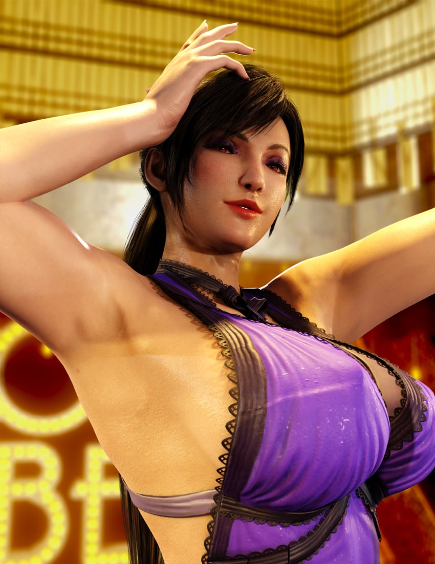 1girls 3d armpit_fetish armpit_focus armpits big_breasts close-up female female_focus female_only final_fantasy final_fantasy_vii final_fantasy_vii_remake fit fit_female geone1 large_breasts nipples_visible_through_clothing pole pole_dancing purple_dress solo solo_female solo_focus square_enix tifa_lockhart