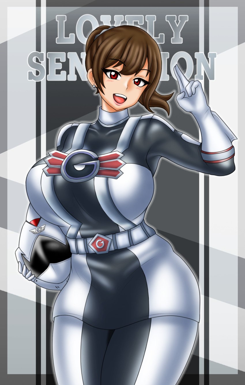 1girls alluring big_breasts bodysuit brown_eyes brown_hair engine_sentai_go-onger female female_focus female_only go-on_silver hair large_breasts looking_at_viewer no_headwear pin_up super_sentai sutou_miu thick_thighs treezero wide_hips yellow_eyes